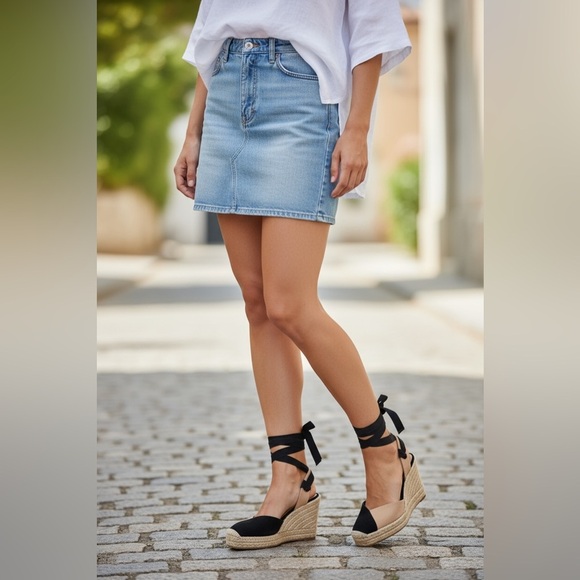 Zara Espadrille Wedge Sandals Black Tan Ankle Tie Wrap Platform Heels Size 8.5 - Picture 3 of 16